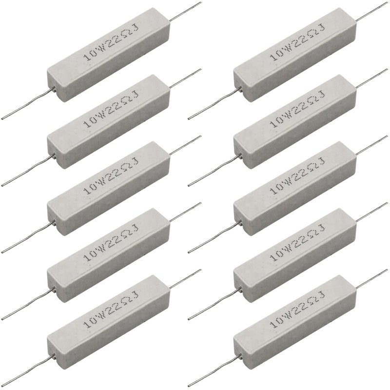 Dimlove 10W 22 5% Cement Resistor, 10 Pack, Axial Lead, White, 50x10x10mm, 15mm Lead, 0.8mm Diameter, Ceramic, Metal, Through-Hole Mount, Single Resistor - Image 1